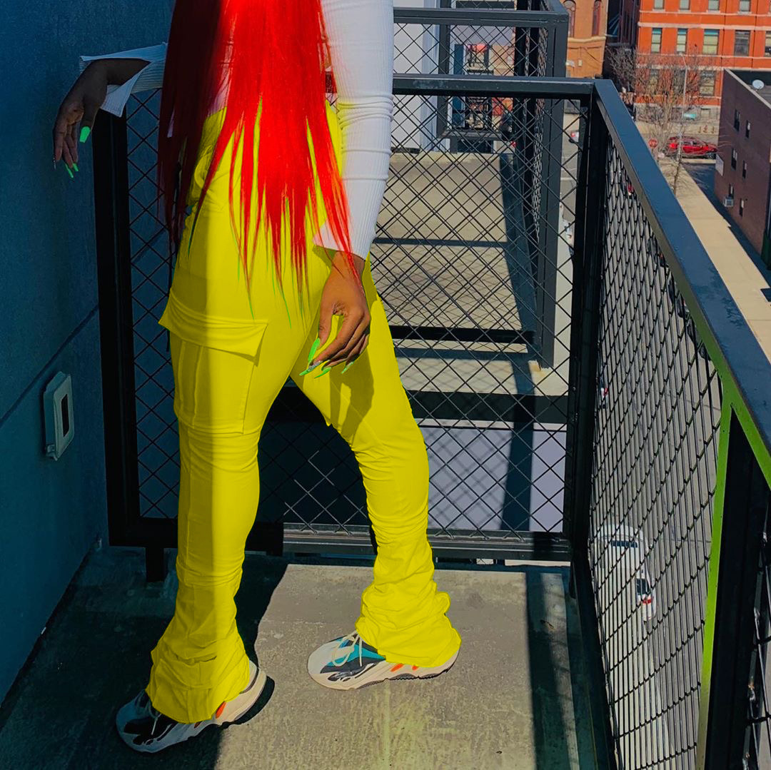 2020 Pantalons de cargaison FLARE Femmes Poches à taille haute Ruchée Jambières empilées Plissées Bell Pantalon Pantalon Pantalon Pantalon Pantal
