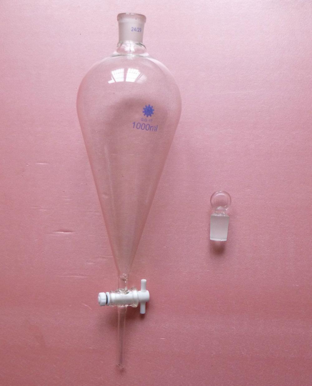 

Wholesale- 1000ml,24/29,Pyriform Separatory Drop Funnel,1L,PTFE stopcock,Glass stopper,Chemistry Labware, As pic