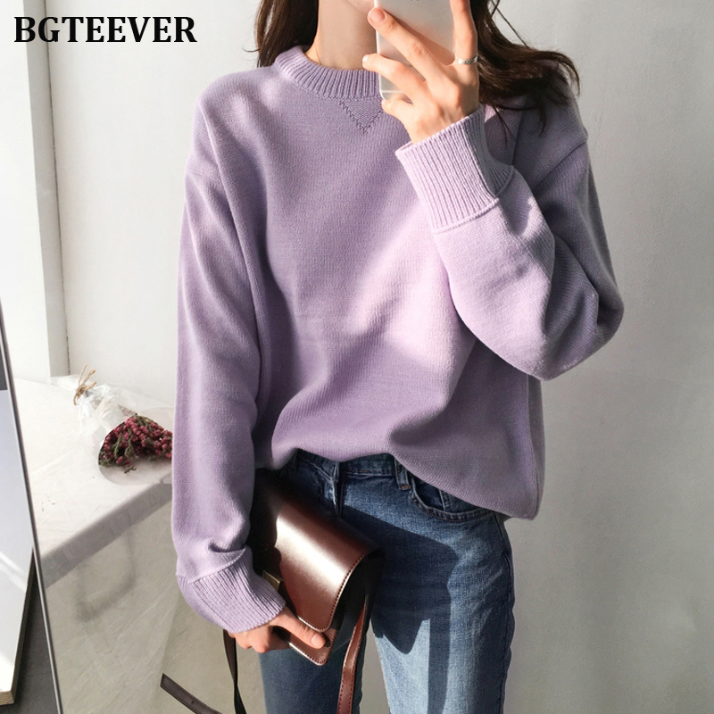

BGTEEVER Basic Purple Autumn Winter Oversize Sweater Pullover Women O-neck Full Sleeve Loose Female Knitted Sweaters 2019, Gray