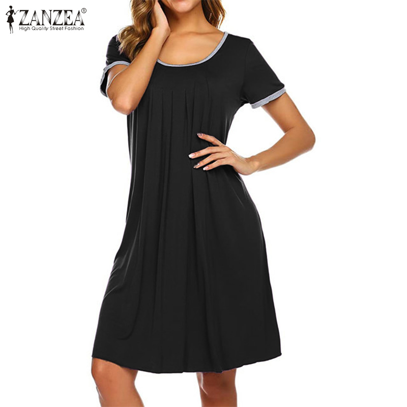 

Stylish Nightgown Women' Nightdress ZANZEA 2020 Casual Short Sleeve Vestidos Female Solid Sleepwear Knee Length Nightwear 5XL, Black