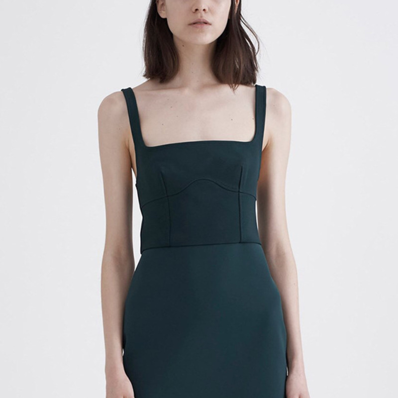 

DEAT 2020 new sqaure collar slim short stereoscopic back zippers sleeveless small size tank WK73217M, Dark green