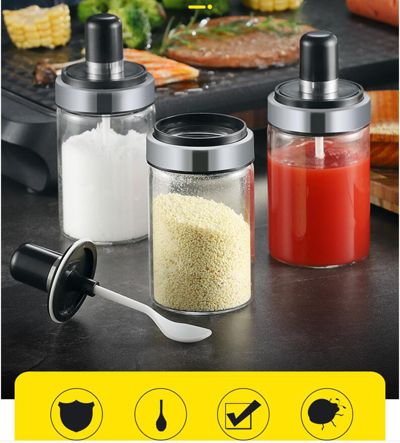 

Transparent Kitchen Supplies Glass Seasoning Bottle Salt Storage Box Spice Jar For Salt Sugar Pepper Powder With Spoon