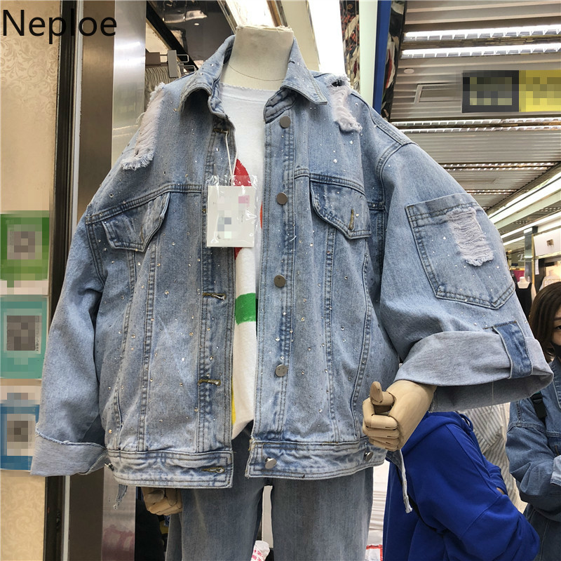 

Neploe Heavy Beading Women Jackets Autumn 2019 Casual Turn-Down Collar Long Sleeve Coat Loose Korean Single Breasted Tops 45219, Blue