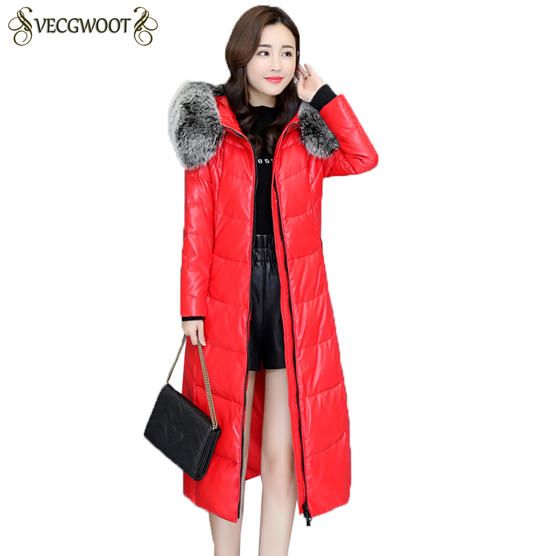 

Large size Leather Down Jacket Women Coats Winter 2018 New Slim Hooded Warm Overcoats Fur collar Thick Down Coats Female HP345, Black