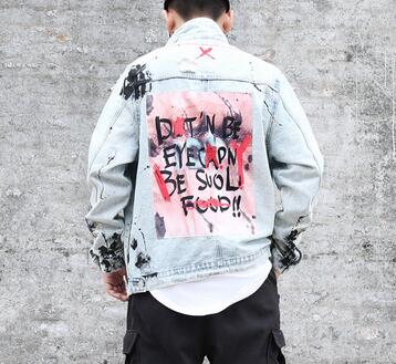 

Mens Graffiti Denim Jackets Streetwear 2018 Hip Hop Casual Patchwork Ripped Distressed Punk Rock Jeans Coats Outwear, Light blue