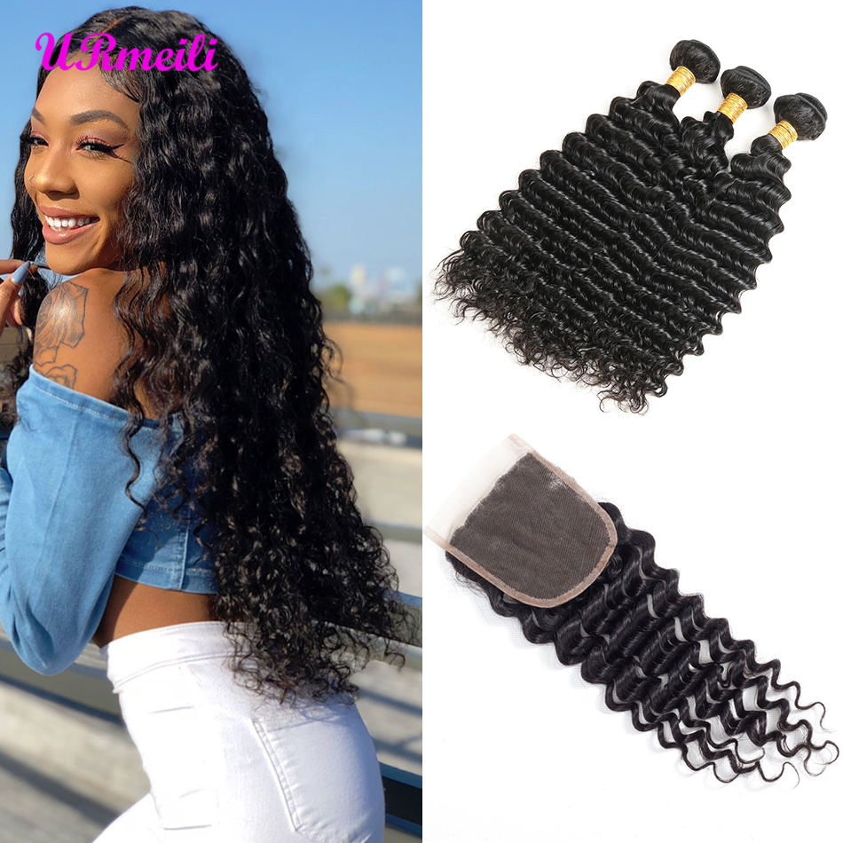 

brazilian deep wave curly virgin human hair bundles with closure 10a grade virgin hair loose deep wave 3/4 bundles with lace closure, Natural color