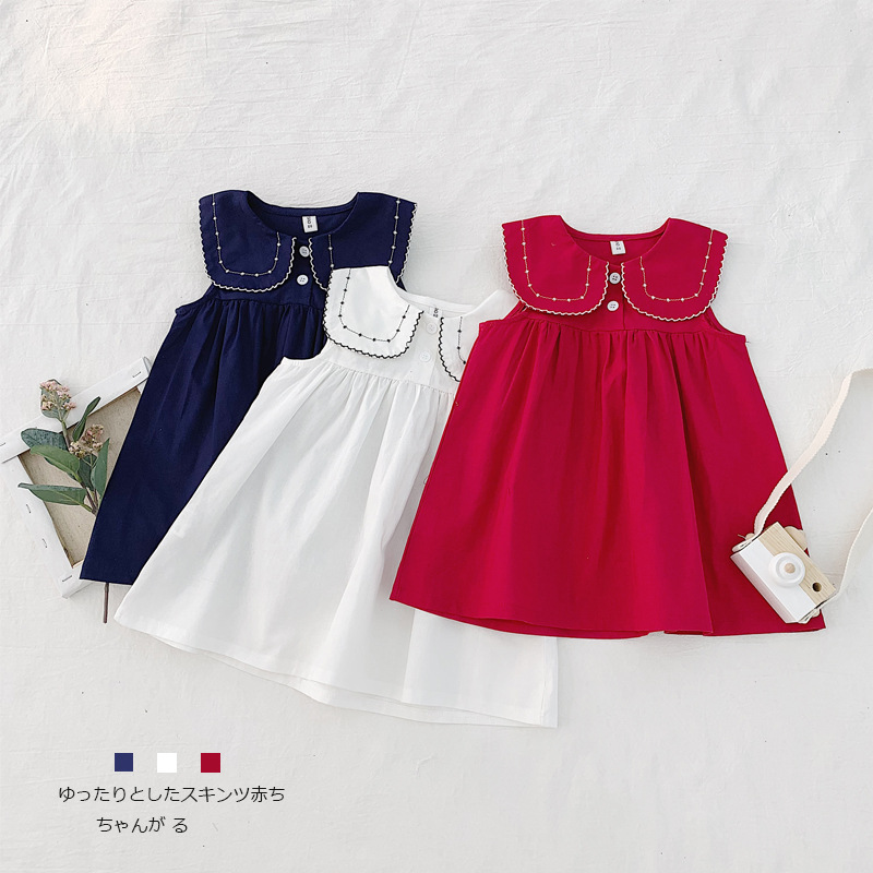 

2020 Summer New Arrival Girls Fashion Navy Style Dress Kids Cotton Dresses, Beige