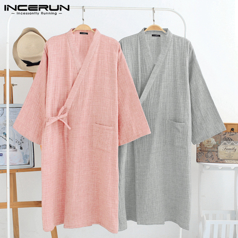 

INCERUN Men Robes Casual Kimono V Neck 3/4 Sleeve Cotton Loose Japanese Sleepwear Summer Breathable Unisex Pajamas Men Bathrobes, Gray