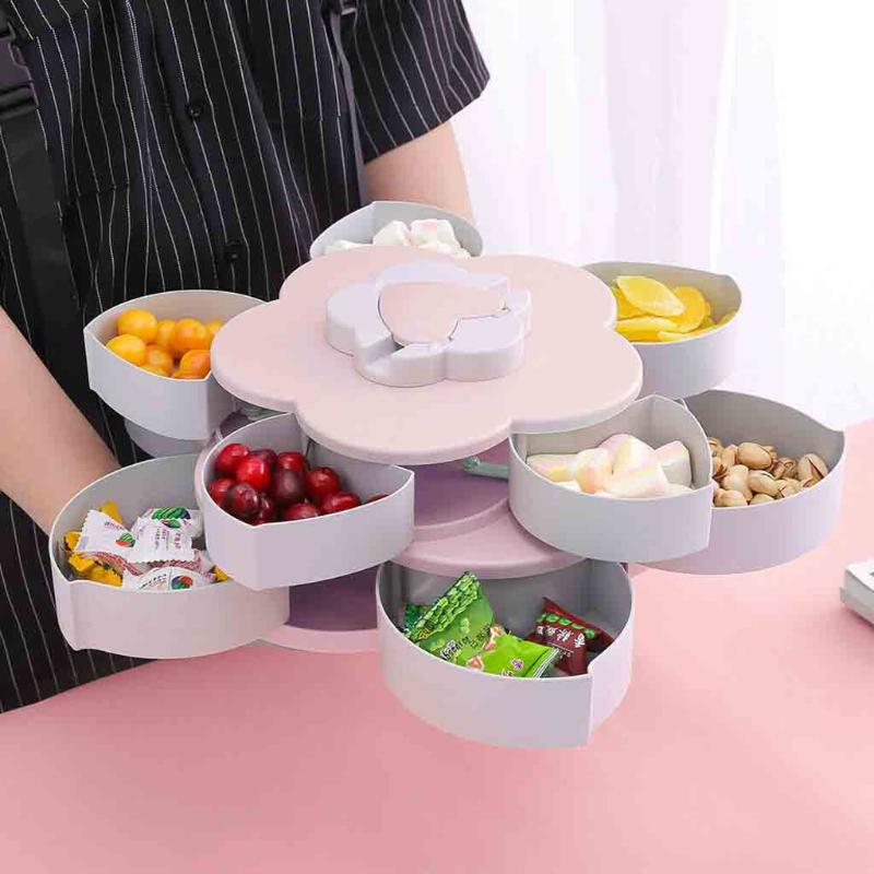

Double-deck Rotary Storage Box Flower Design Wedding Snack Candy Box Jewelry Organizer Cosmetic Dry Fruit Storage Bin