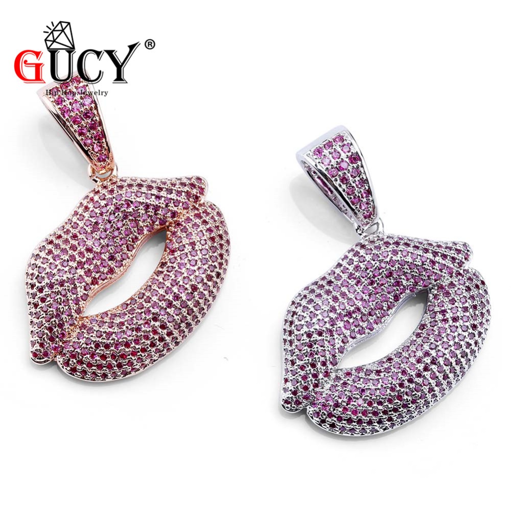 

GUCY All Iced Out Red Lips Pendant Necklace Hip Hop Rose Gold Silver Color Jewelry Pendants Necklaces Men Women Charm Birth Gift