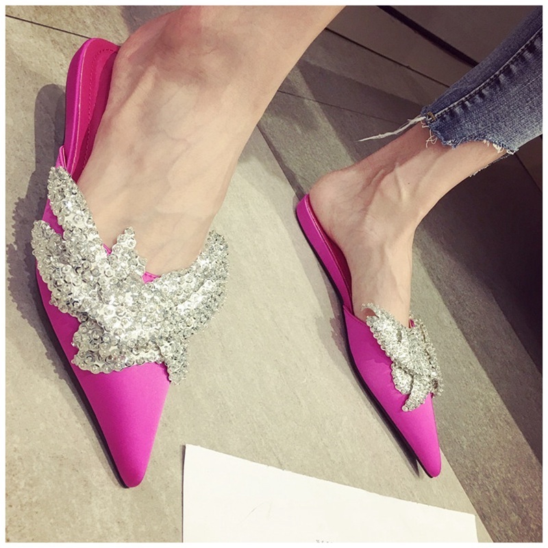 

2020 New Summer Slippers Women Luxury Design Bling Crysatal Pointed Toe Flat Mules Ladies Elegant Sandal, Black