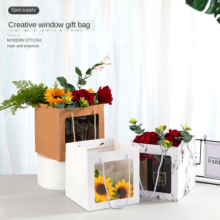 

12pcs Square Transparent Window Gift Bag Creative Birthday Flower Packaging Paper Bag With Hnadle Potted Plants Packing Bags