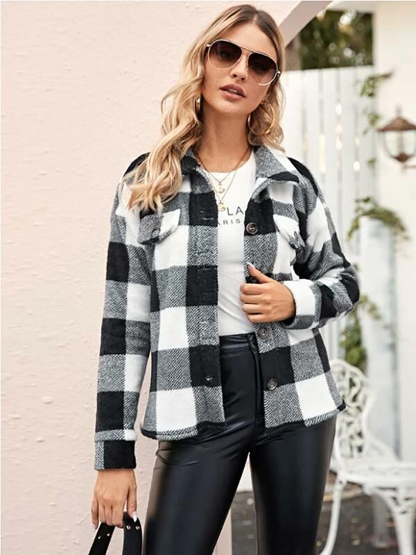 

Linglewei 2020 New Autumn and winter women' Plaid Turn-down Collar Long sleeves coat, Black
