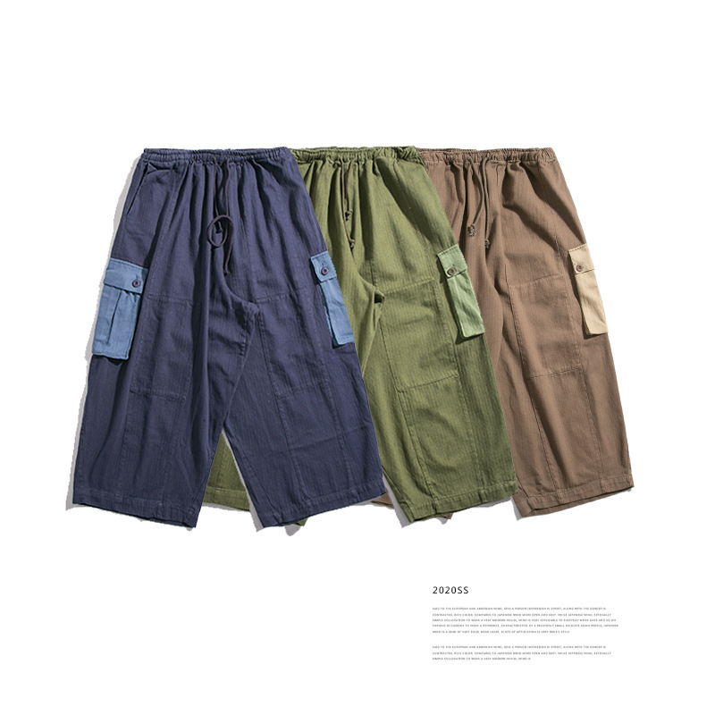 

Outdoors Hiking Trendsetter Summer Men' Trousers American Casual Loose Straight Harun Tooling Wide Leg Short Pants, Army green