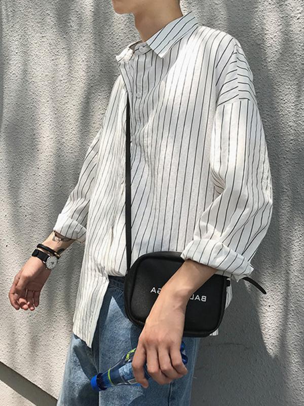 

2020 Summer Young Men's Striped Shirt Loose Drop Shoulder Long Sleeve Thin Section Wild Loose Long Sleeve Shirt Jacket, 01