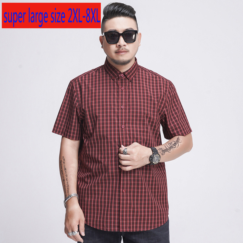 

New Arrival Summer Fashion Super Large Men Short Sleeve Plaid Casual Shirts Men Dress Plus Size 2XL 3XL  5XL 6XL 7XL 8XL, 785 red