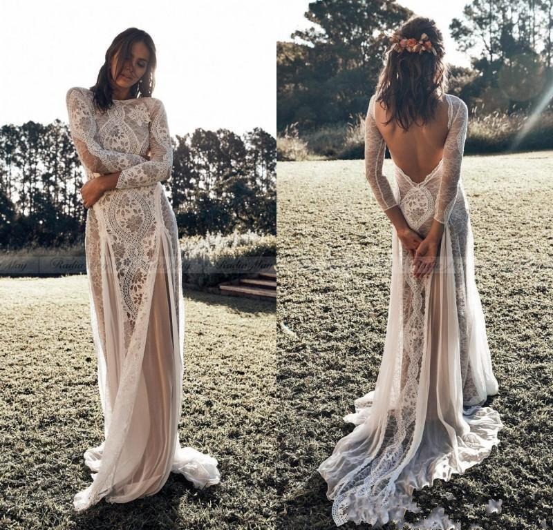 

Sexy Backless Bohemian Beach Wedding Dresses Long Sleeve Nude Lining Country Vintage Lace Wedding Bridal Gowns Hippie Gypsy Bride AL4103, Ivory