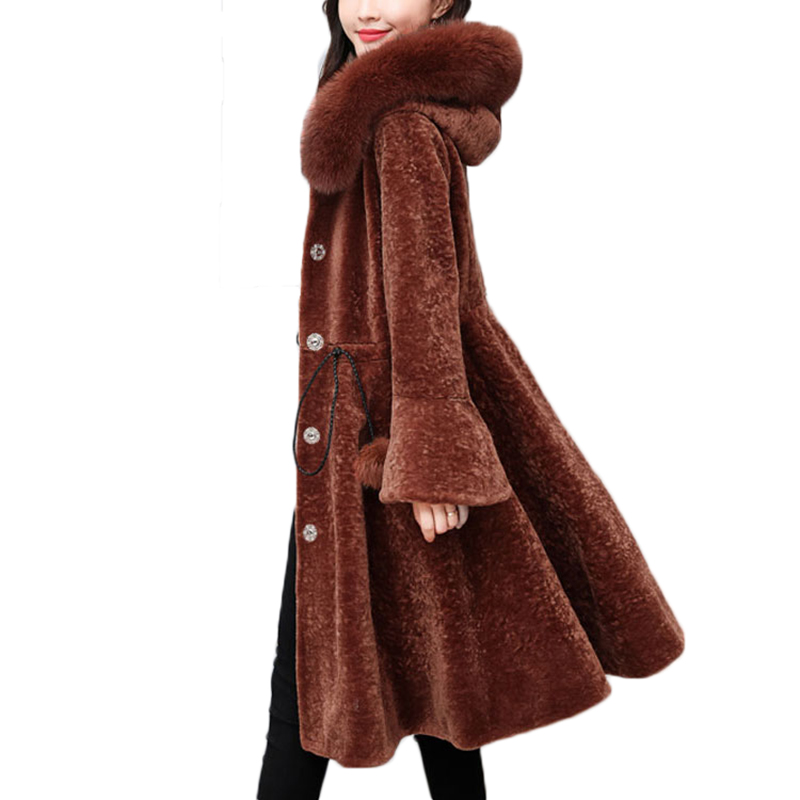 

YAGENZ 3XL Fur Coat Female Sheep Shearing Overcoat Fur Collar Wool Winter Jacket Women winter long wool coat designer A349, Black