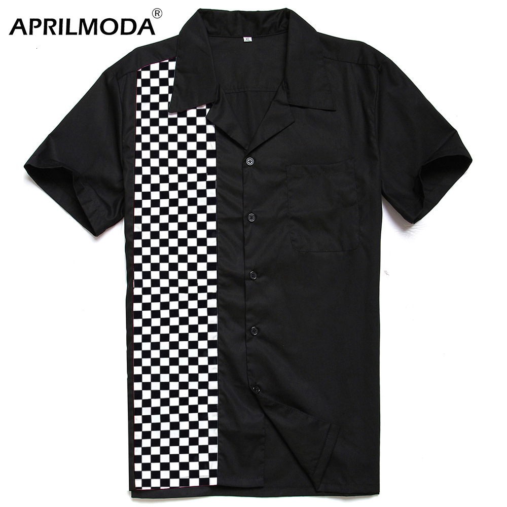 

1950s Mosaic Printed Men's Cotton Casual Shirt Black White Tartan Plaid Panel Cowboy Hip Hop Rockabilly Shirts Camisa Masculina