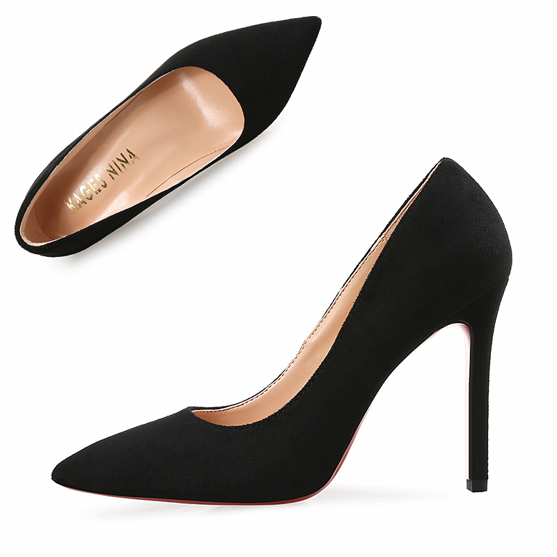 

High quality suede black dress shoes pointed toe women pumps 6cm 8cm 10cm stiletto heel red bottom banquet shoes