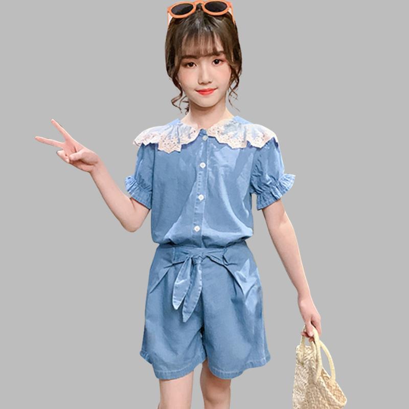

Girls Denim Clothes Lace Neck Girls Summer Clothing Blouse + Short Clothes Girl Casual Style Children's Set, As picture