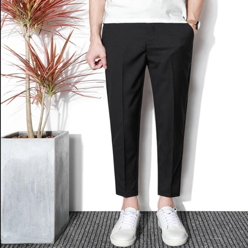 

36 Spring And Summer Nine Points Trousers Men Slim Casual Tide Pants Feet Solid Color 9 Small Suit Pants Hairstylist Costumes, Black