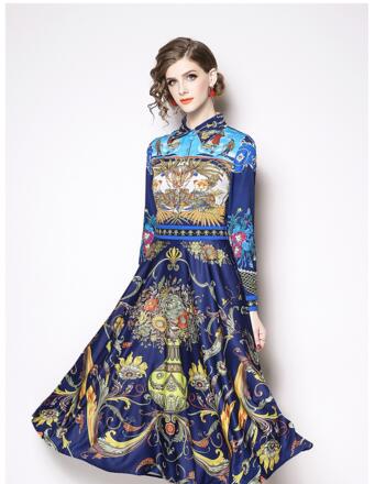 

Lapel fashion retro printing was thin and long skirt dress foreign trade, As the picture