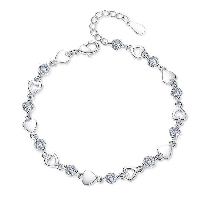 

Love Heart Sweety Bracelets with Crystal S925 Sterling Silver Plated Charm Link Bracelet Jewelry with Purple White CZ Diamond
