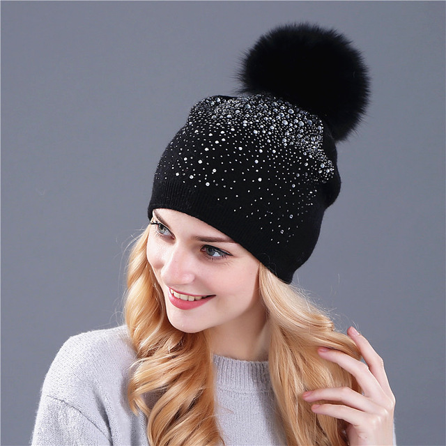 

women winter beanie hat Rabbit fur wool knitted hat the female of the mink pom pom Shining Rhinestone hats for women