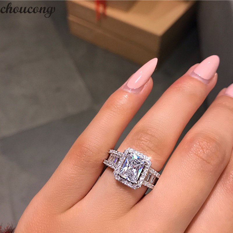

Choucong Hot Sale Stunning Luxury Jewelry Real 925 Sterling Silver Princess Cut White Topaz CZ Diamond Eternity Wedding Band Ring for Women