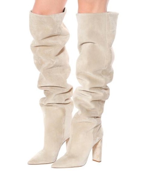 

Winter Black Beige Brown Genuine Leather Pointed Toe Fold Tube Slip On Thick Heels Over The Knee Loose Long Boots, Fur inside