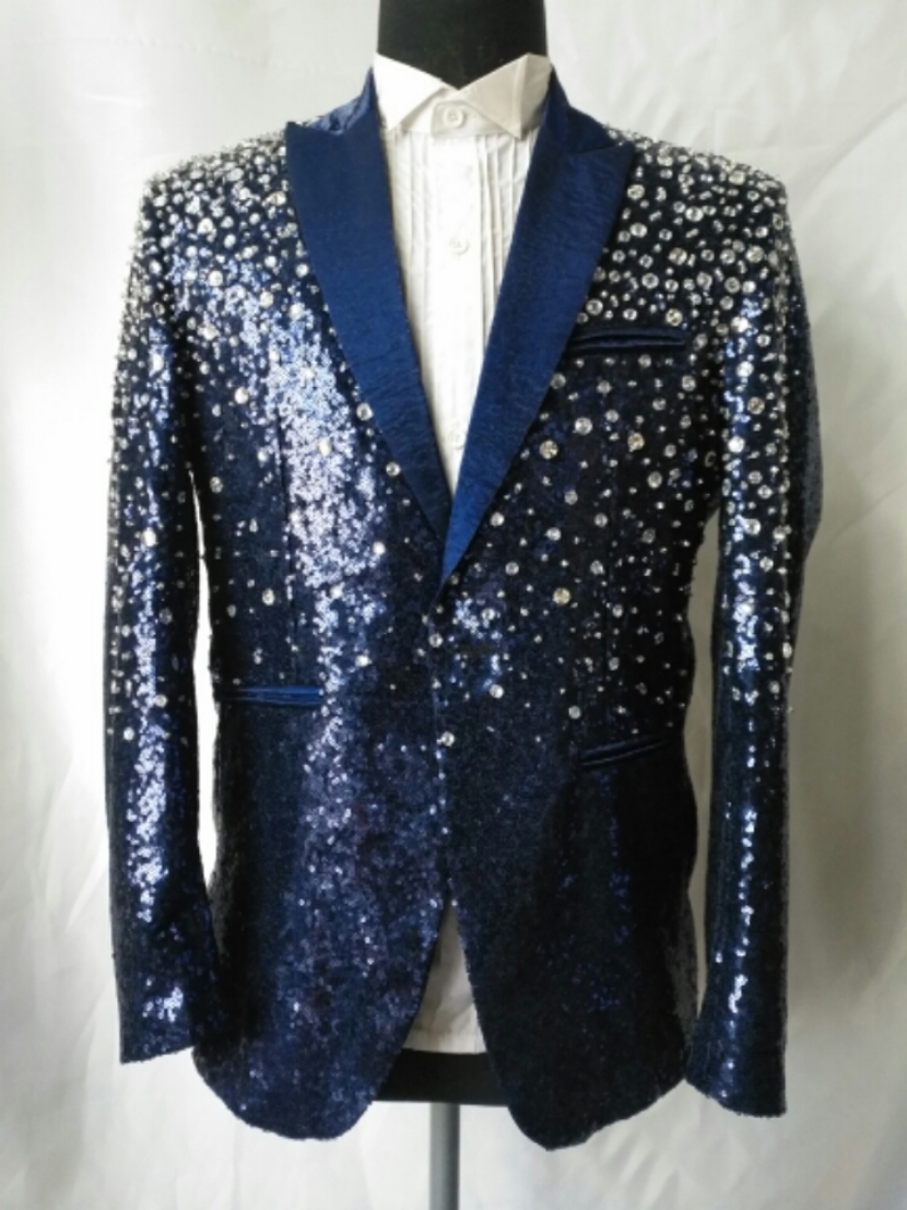 

Free ship 100% real full sequined navy blue mens bling rhinestone beading luxury wedding/stage performance stuido red carpet tuxedo jacket, Blue as photo