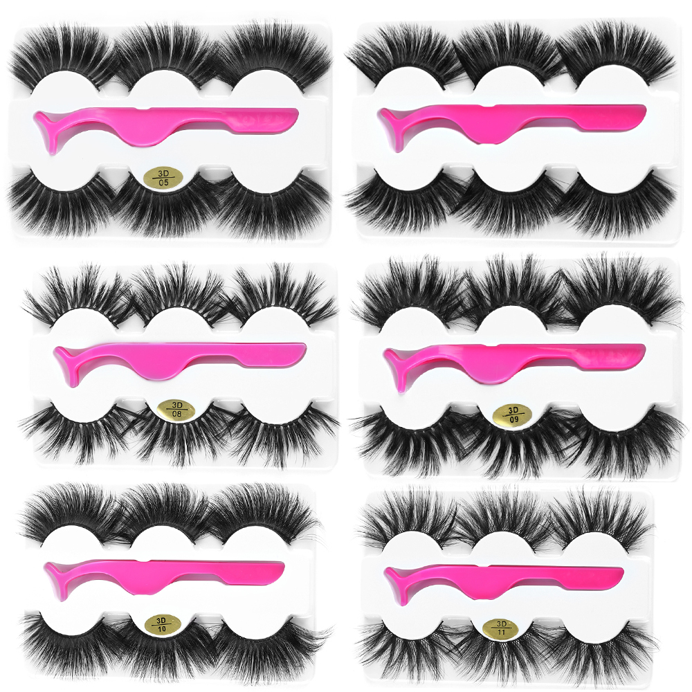

3 Pairs 25mm 8D Mink Eyelashes Dramatic Thick Long False Eyelashes with Tweezer Wispy Fluffy Fake Eyelash Extension Makeup Tool