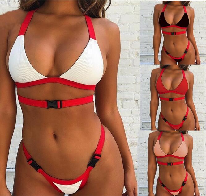 

Bandeau women swimsuit push up buckle swimwear High waist bikini Summer bathers Brazil -XL