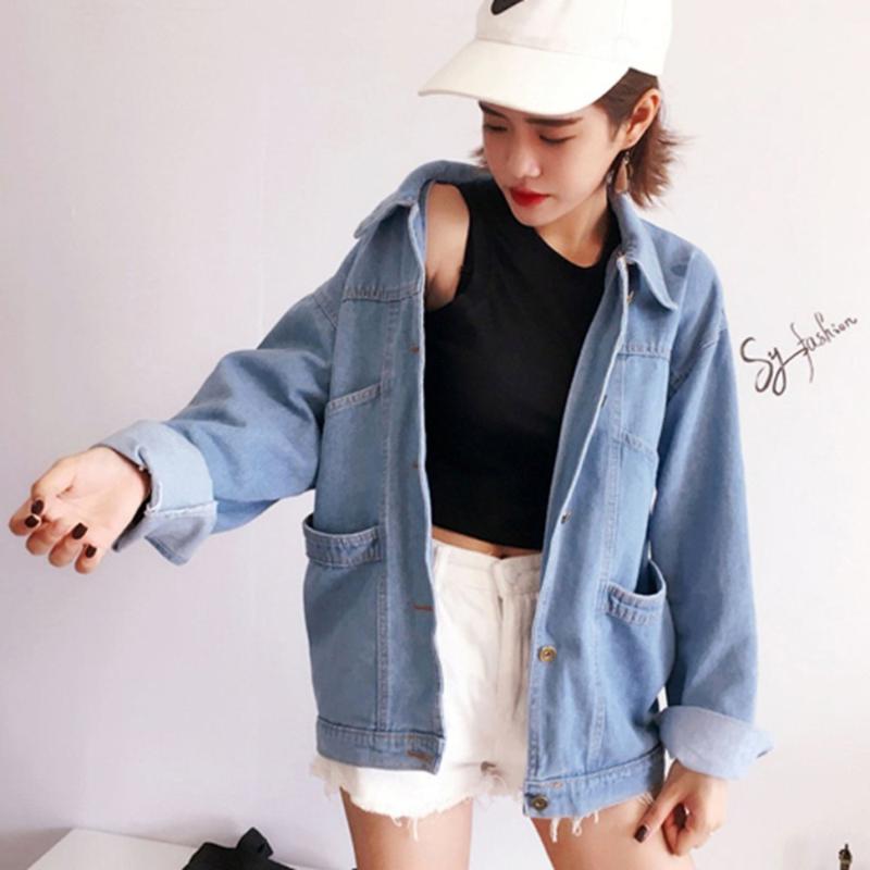 

Korean Style Ladies Classic Denim Coat Relaxed Fit Tops Long Sleeve Loose Women Denim Jackets Turn-down Collar Girls Outwears