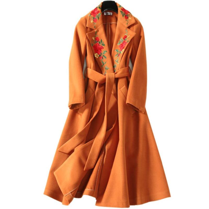 

vintage embroidered woolen coat women turn down collar thick belted slim skirt long wool overcoat, Dark camel