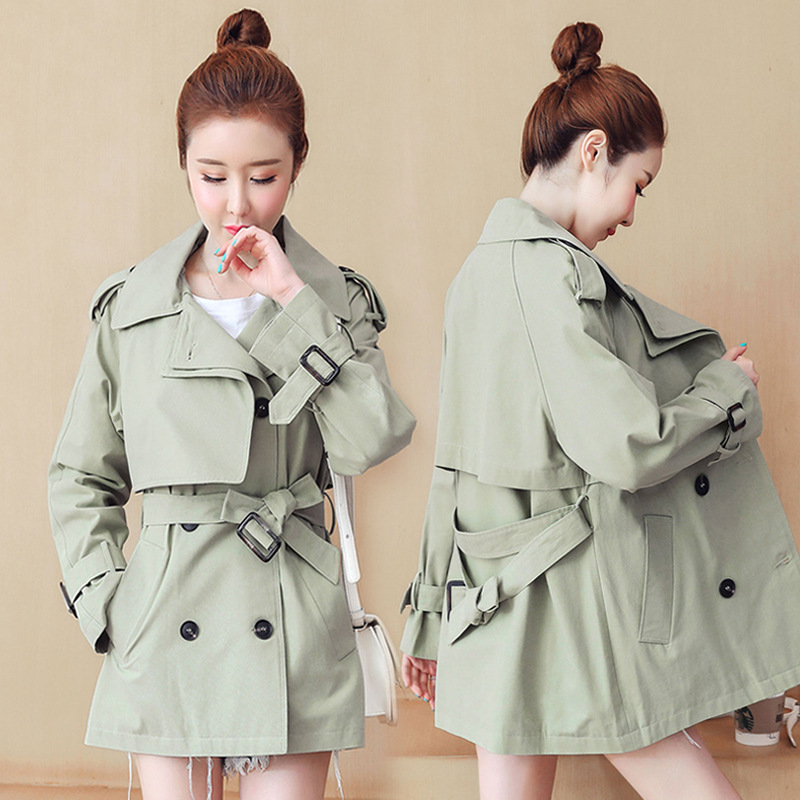 

2020 New Fashion Double Breasted short Trench Coat Women All-match Slim Belt Cloak Mujer Windbreaker Female mujeres abrigos, Green