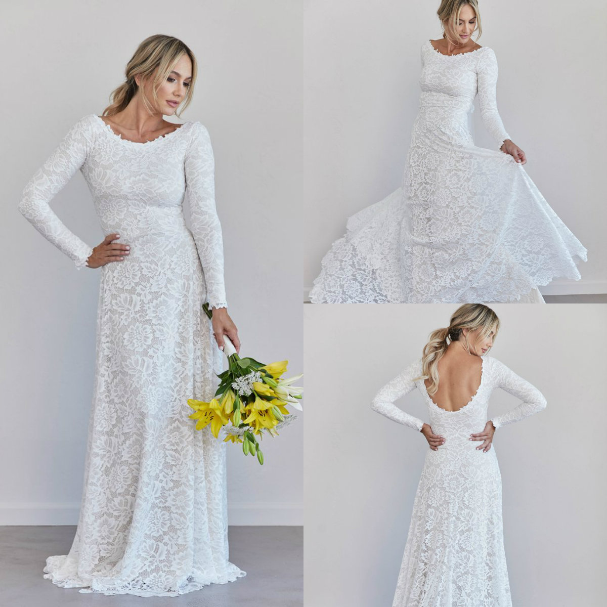 

2019 Modest Wedding Dresses Jewel Neck Lace Sexy Backless Sweep Train Beach Wedding Dress Long Sleeve Mermaid Bridal Gowns Plus Size, Pink