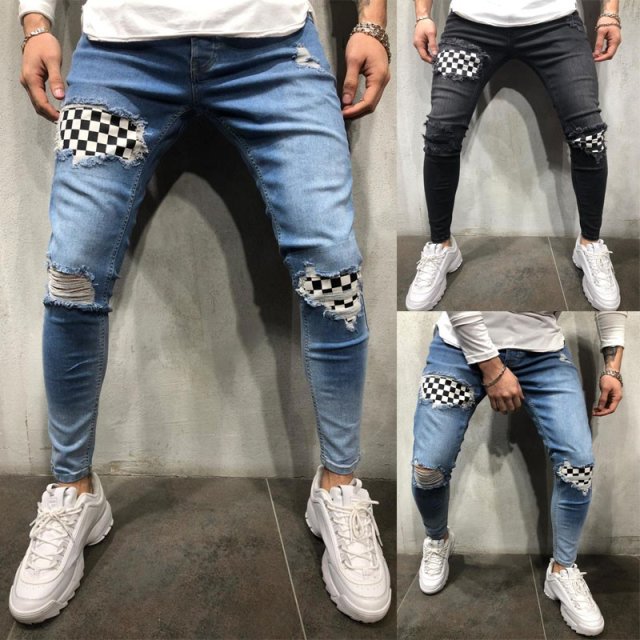 

men skinny jeans pants men skinny jeans Zipper Hip Hop Patchwork Pencil Pants, Black