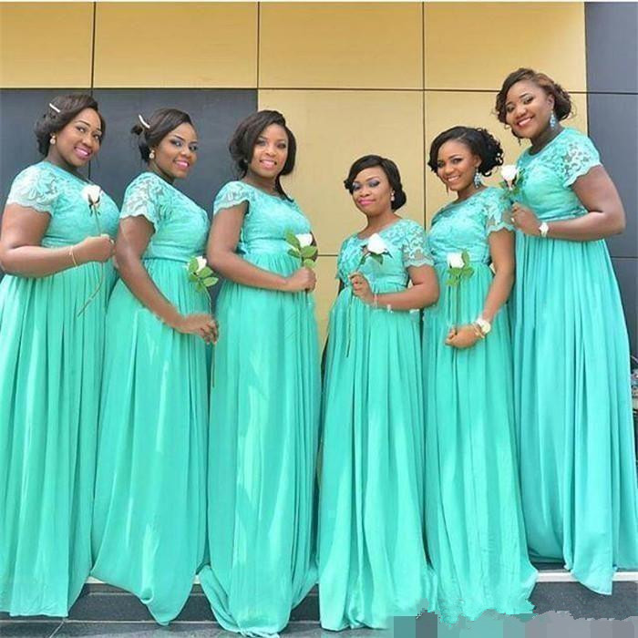 

Cheapest Bridesmaids Dresses 2019 Mint Green Chiffon Lace Maid of Honor Gowns Custom Made Cap Sleeves A Line Long Evening Gowns