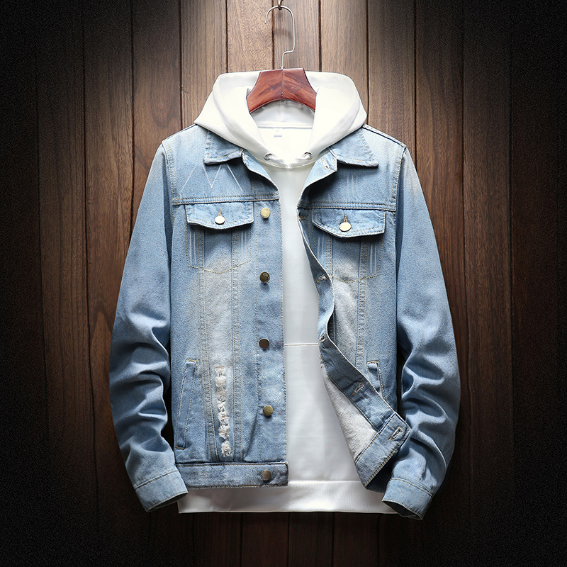 

Men's Jackets Fashion Denim Jacket Scratched Hole Jeans Turn-Down Collar Darkblue Lightblue -4XL Spring And Autumn Men