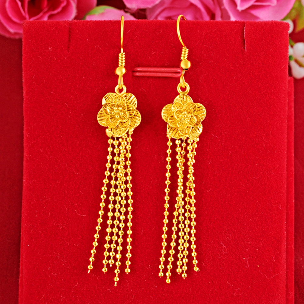 Long Tassel Flower Drop Earrings 18K Yellow Gold Filled Eye-catch Charm Womens Dangle Earrings Gift-image-507322898