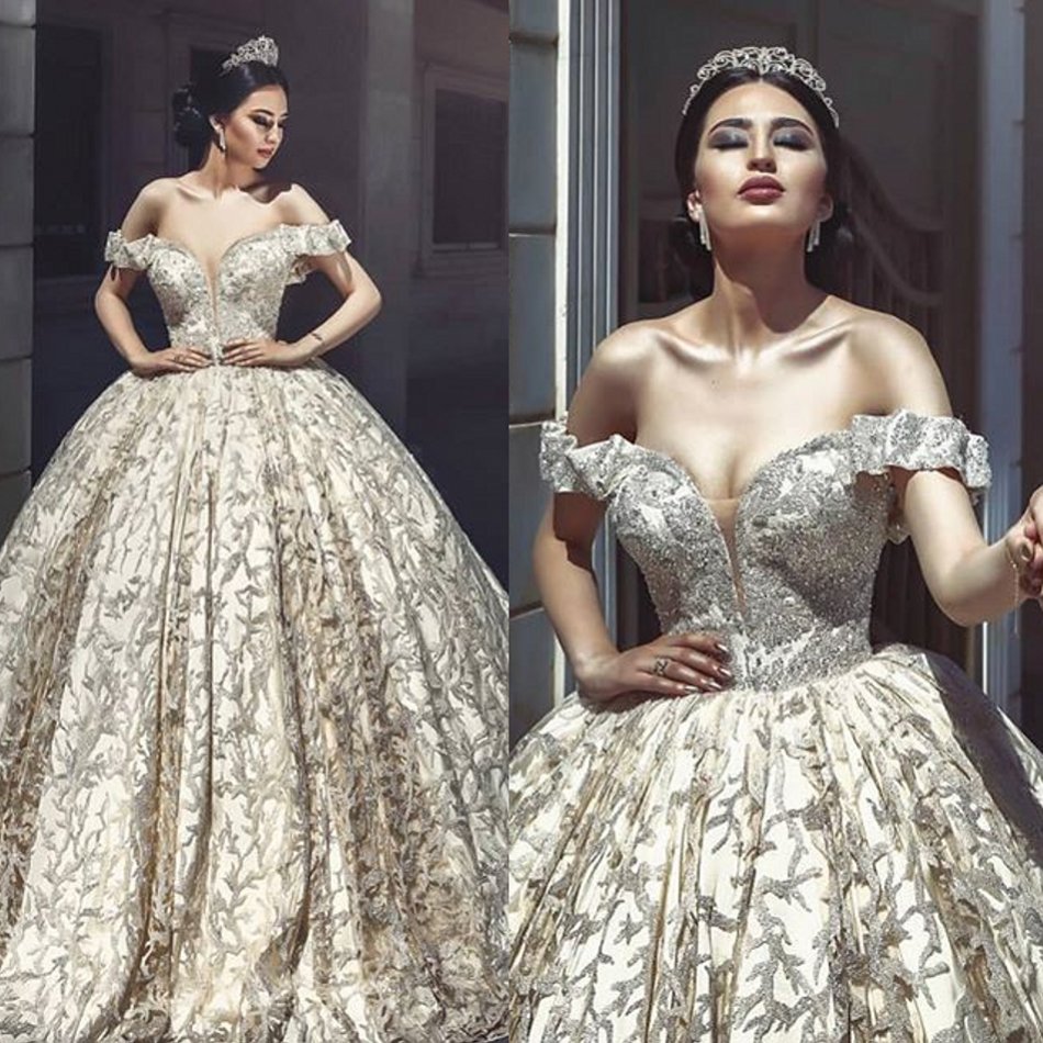 

Ball Gown Prom Dresses Off Shoulder Appliques Beads Tulle Party Gowns Sweep Train Special Occasion Dresses, Champagne