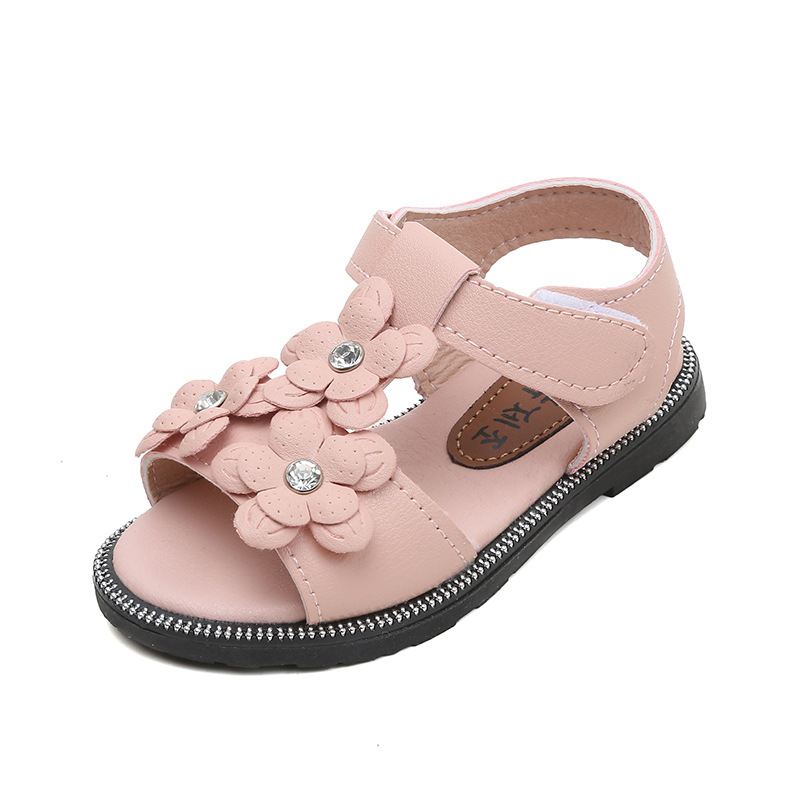 

Casual Floral Rhinestone T-Strap Girls Beach Shoes Kids Toddler Flats Summer Children's Flowers Crystal Princess Beach Sandals, White