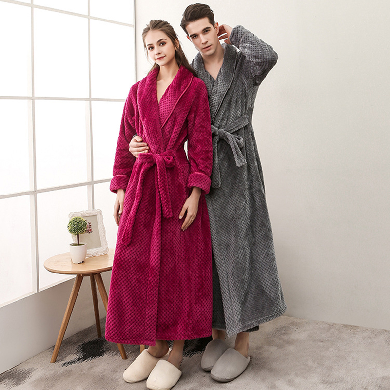 

Women Men Extra Long Warm Coral Fleece Bathrobe Winter Thick Flannel Thermal Bath Robe Kimono Dressing Gown Bride Peignoir, Gray for man