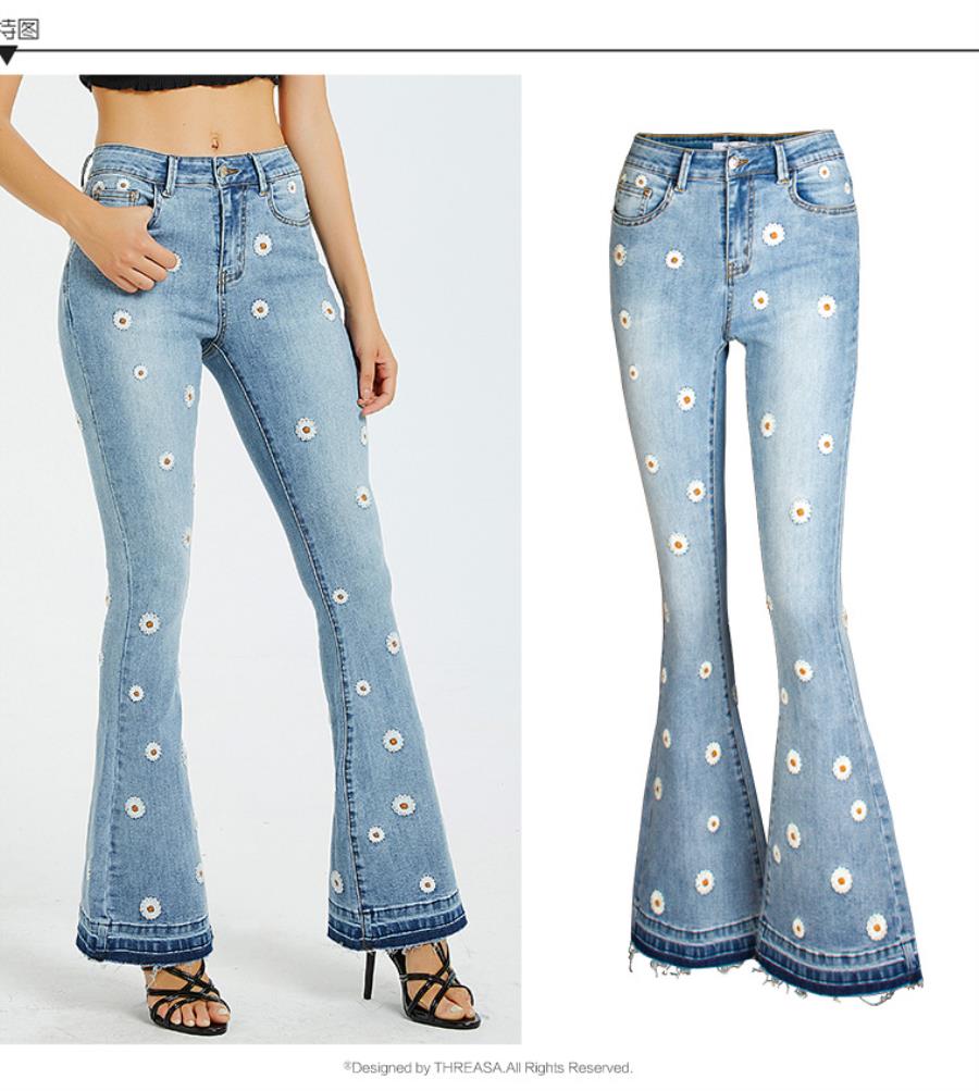 fashion women designer jeans Plus Size womans clothes Womens femme ripped jeans Woman Simplicity Wide leg pants Embroidery bell-bottoms 5203