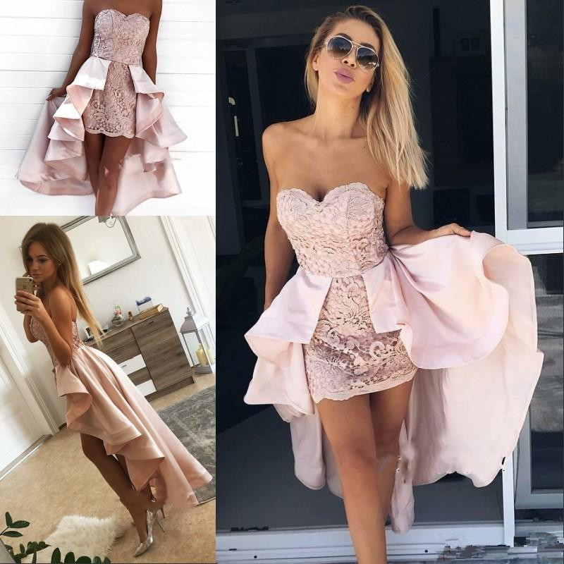 

Modern Homecoming Dresses Sweetheart Lace High Low Pink Short Prom Cocktail Dresses Satin Detachable Train Party Gowns A3, Burgundy