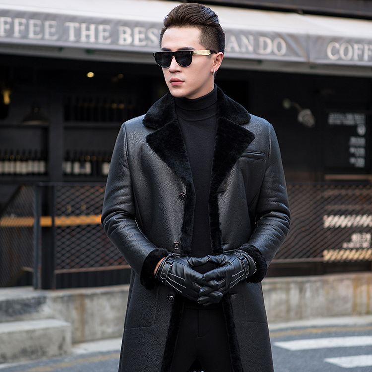 

New middle and young sheep skin leather long section fur one wool men's slim fashion warm fur coat, Black