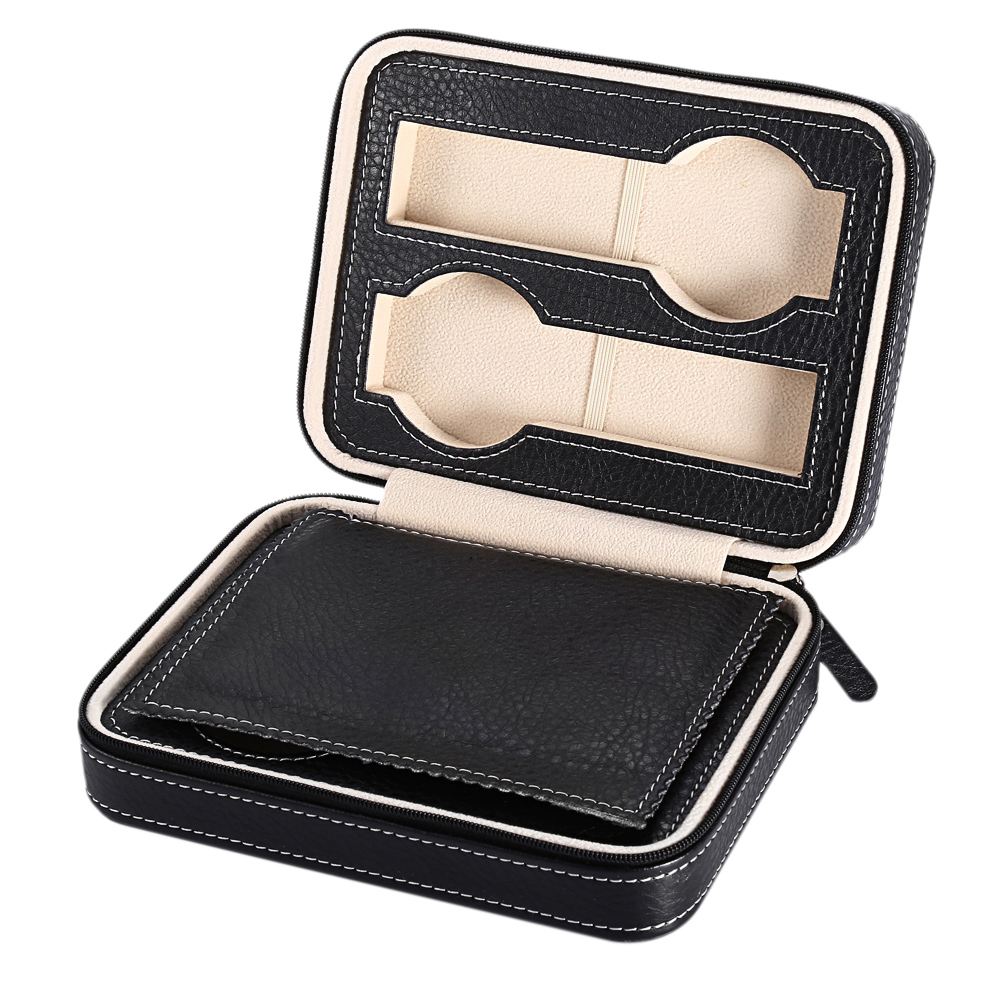 

Black Zippered Watches Box Travel Case - Watch Organizer Collection - PU Leather