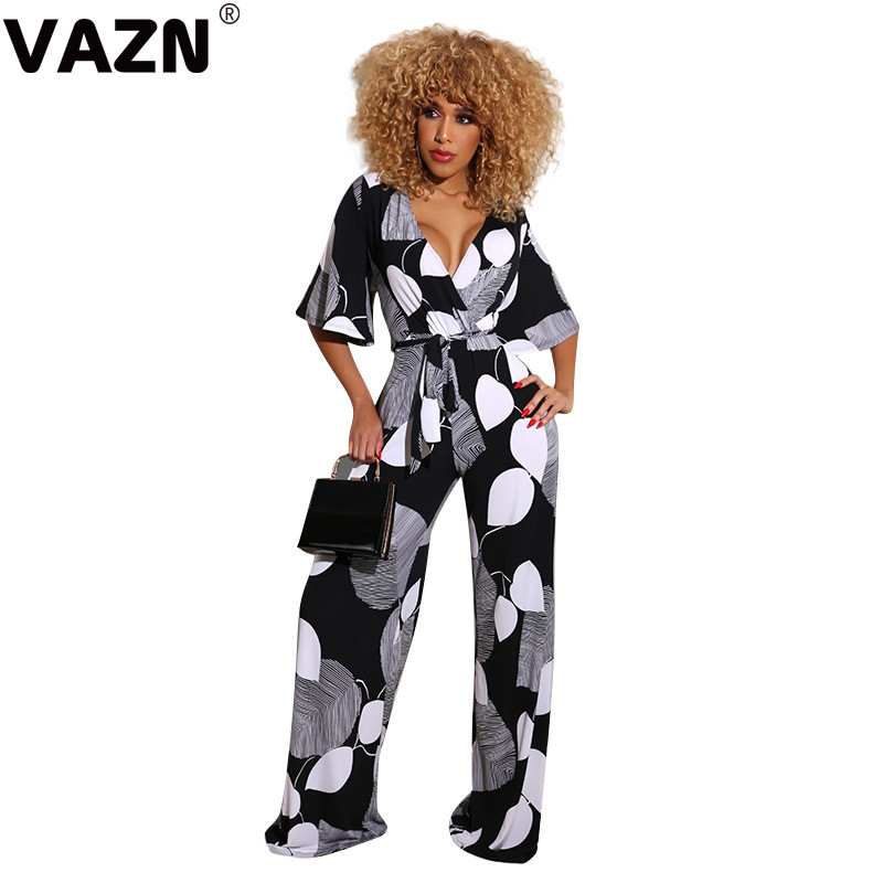 

VAZN Hot sale 2020 summer sexy lady black print long jumpsuit shoret sleeve V-neck sashesjumpsuit lady straight cool jumpsuits